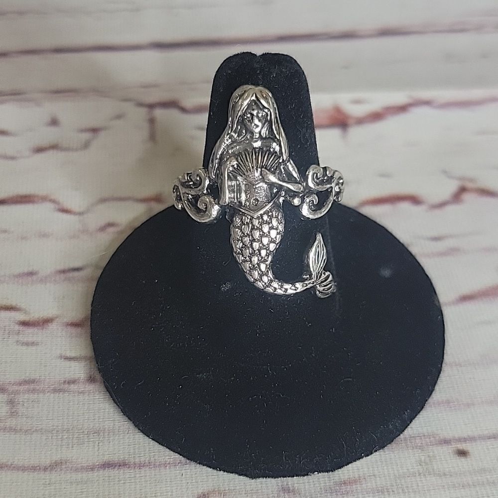 Silvertone Adjustable  Mermaid Ring Size 7.5 +